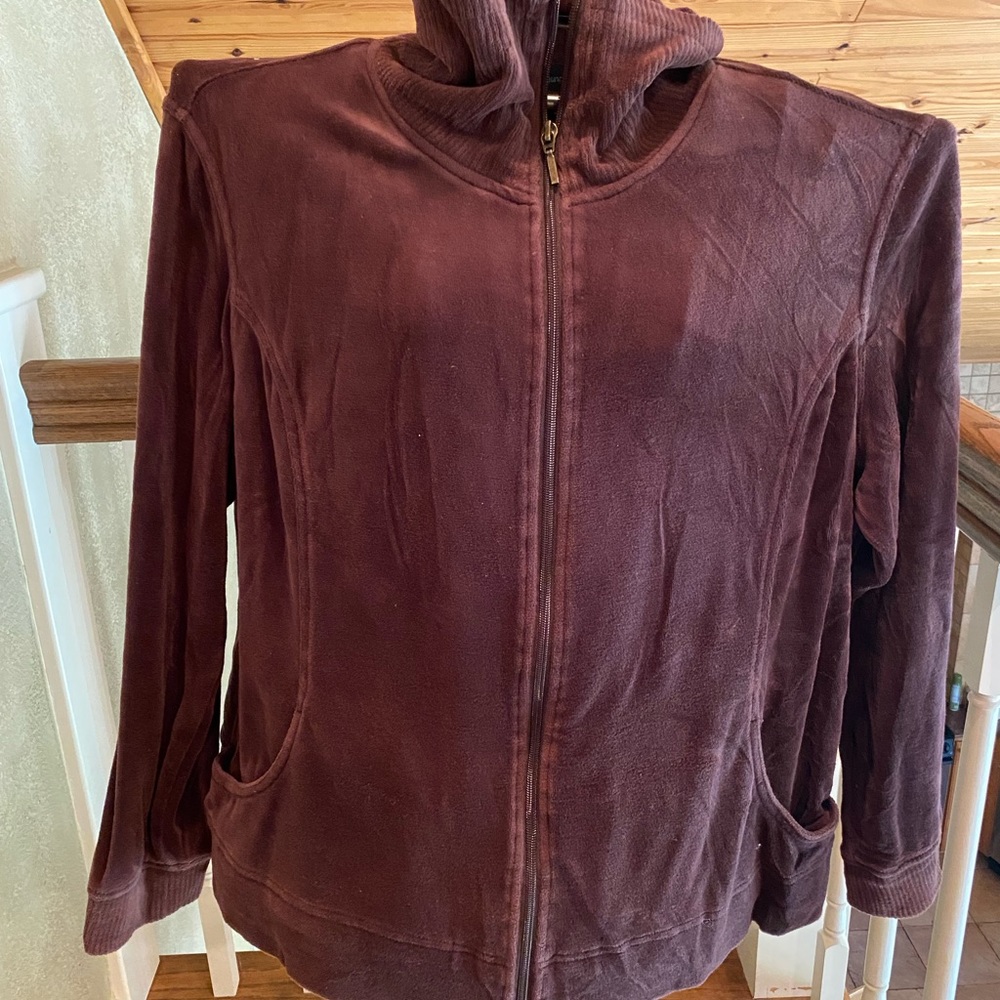 Two piece chocolate colored velour warm up suit. XL jacket, L pant.